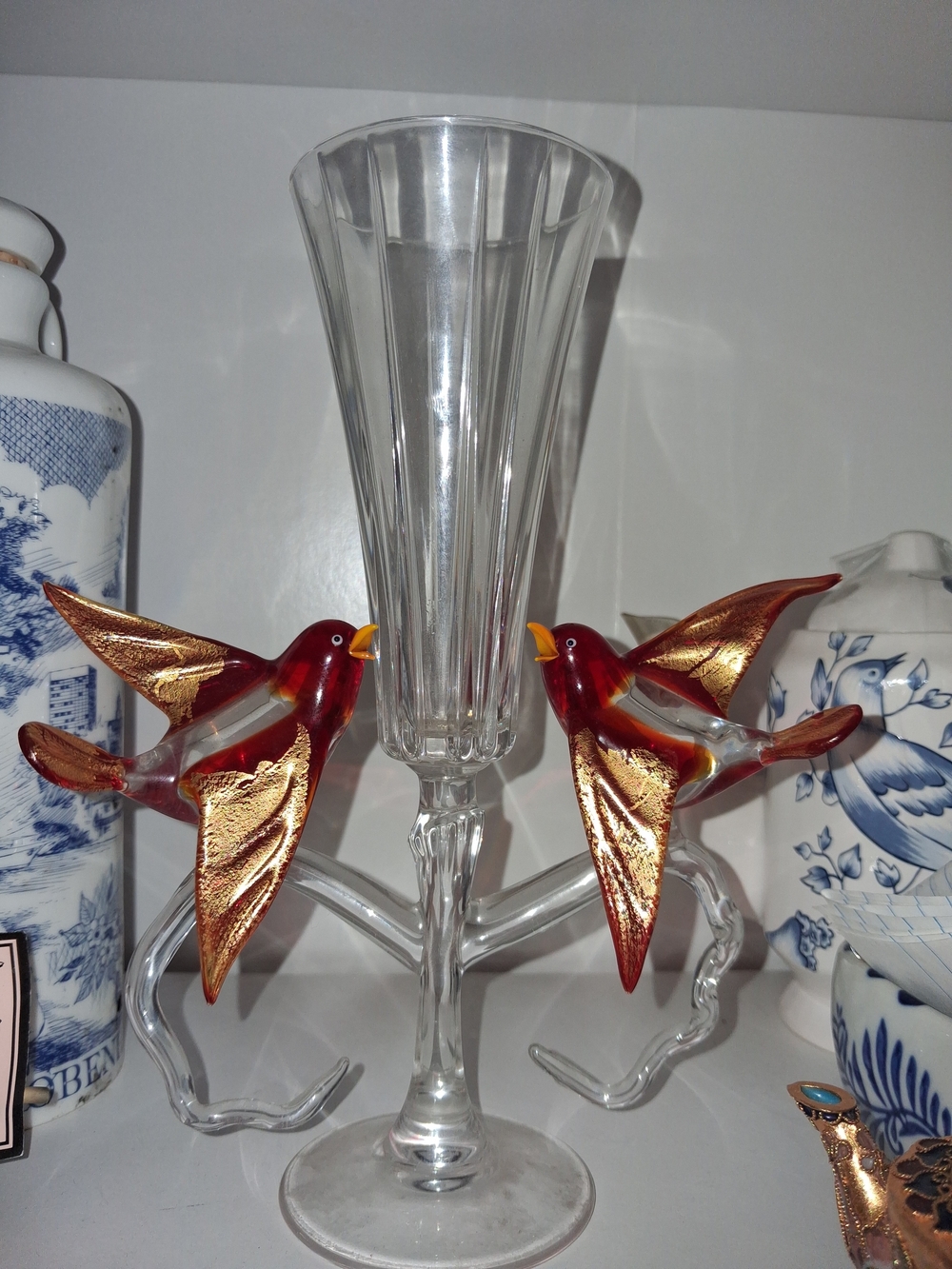 Murano Art Glass Double Bird Champagne Flute – Red & Gold Leaf Accents
